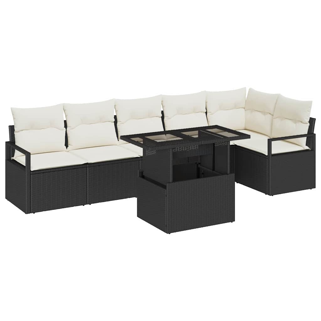 vidaXL Tuinbank Set met kussen 7 pcs Zwart Poly rattan