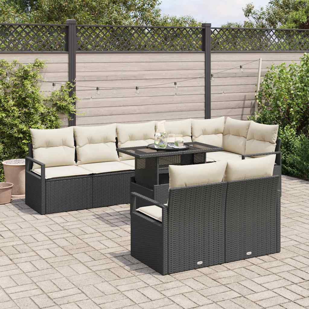 vidaXL Tuinbank Set met kussen 9 pcs Zwart en Crème poly rattan