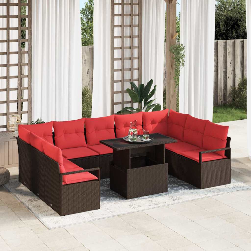 vidaXL Tuinbank Set met opslag 10 pcs Bruin en Rood Poly rattan