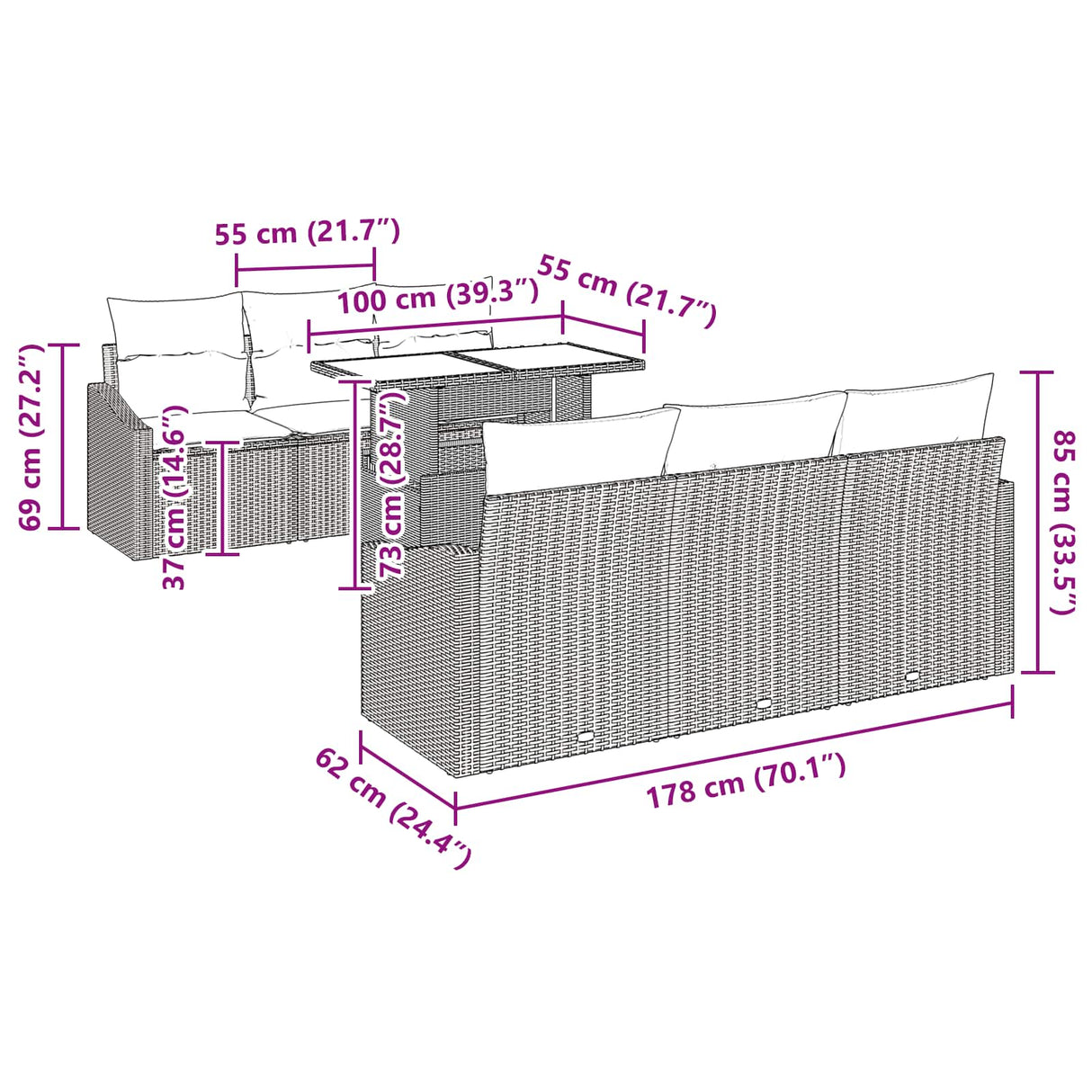 vidaXL Tuinbank Set met kussen 7 pcs Zwart en blauw poly rattan