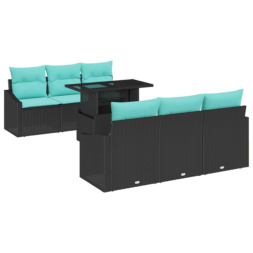 vidaXL Tuinbank Set met kussen 7 pcs Zwart en blauw poly rattan