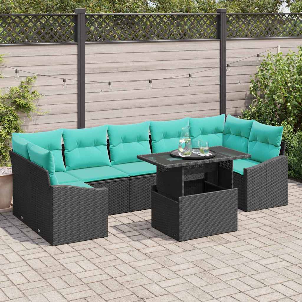 vidaXL Tuinbank Set met kussen 8 pcs Zwart en Blauw poly rattan