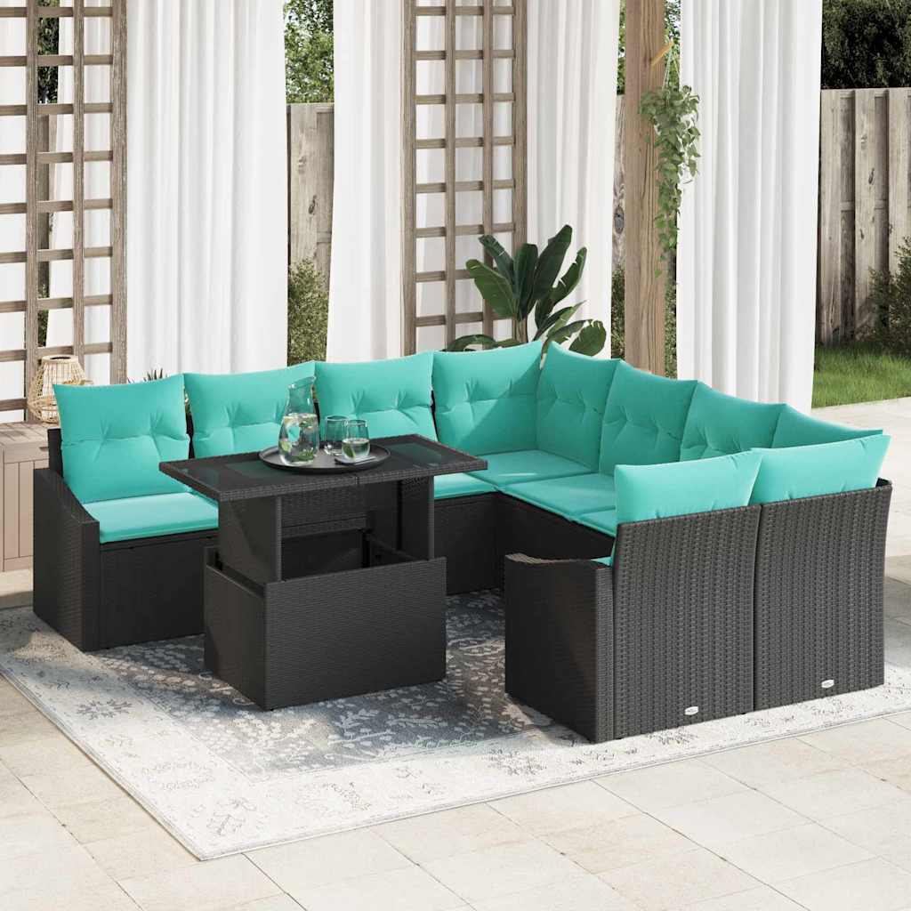 vidaXL Tuinbank Set met kussen 9 pcs Zwart en blauw poly rattan