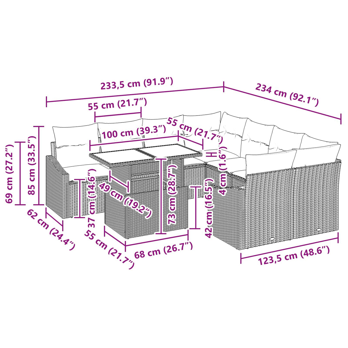 vidaXL Tuinbank Set met kussen 9 pcs Zwart en blauw poly rattan
