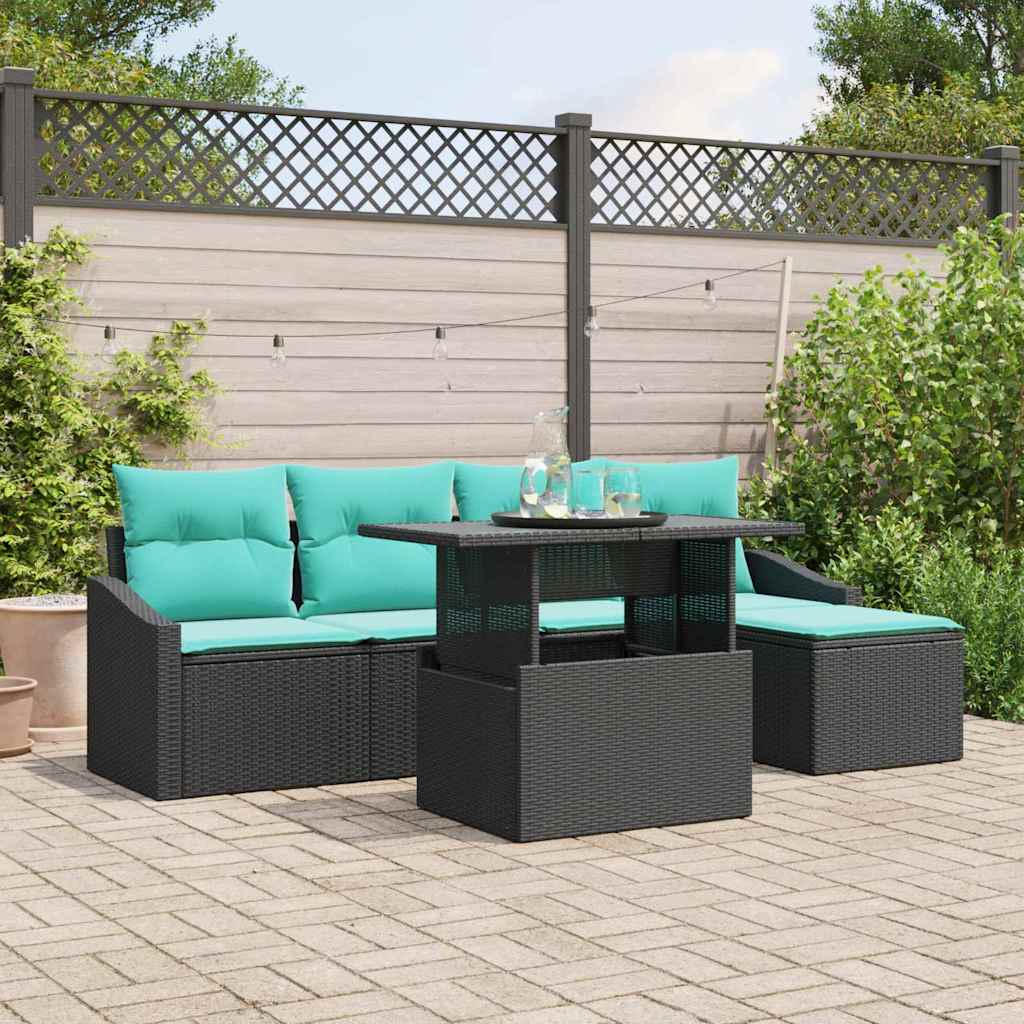 vidaXL Tuinbank Set met kussen 6 pcs Zwart en Blauw poly rattan