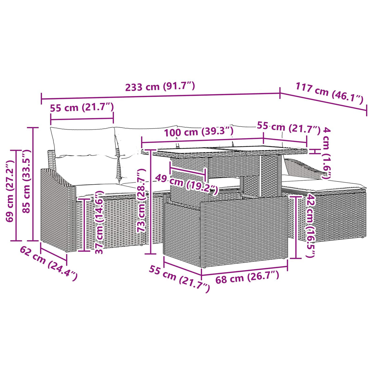 vidaXL Tuinbank Set met kussen 6 pcs Zwart en Blauw poly rattan
