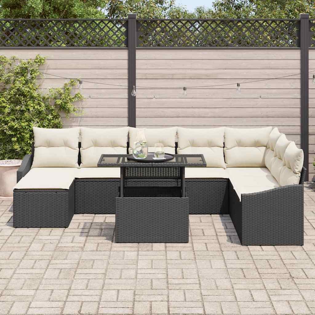 vidaXL Bankstel met kussen met opslag 9 pcs Zwart en Crème poly rattan