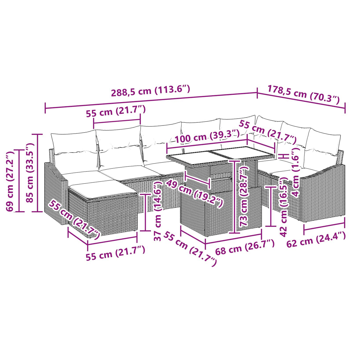 vidaXL Sofa Set with Cushion Storage 9 pcs Black and Blue Poly Rattan