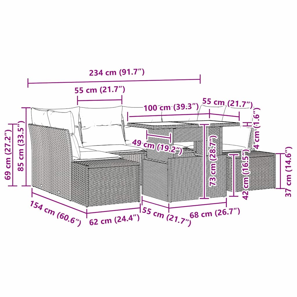 vidaXL Bankstel met kussen 7 pcs Zwart en Crème poly rattan