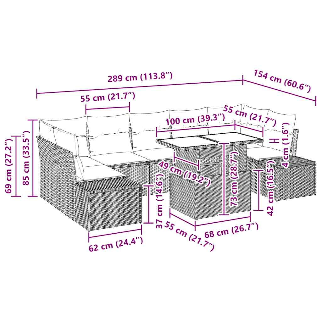 vidaXL Bankstel met kussen 8 pcs Zwart en Crème poly rattan