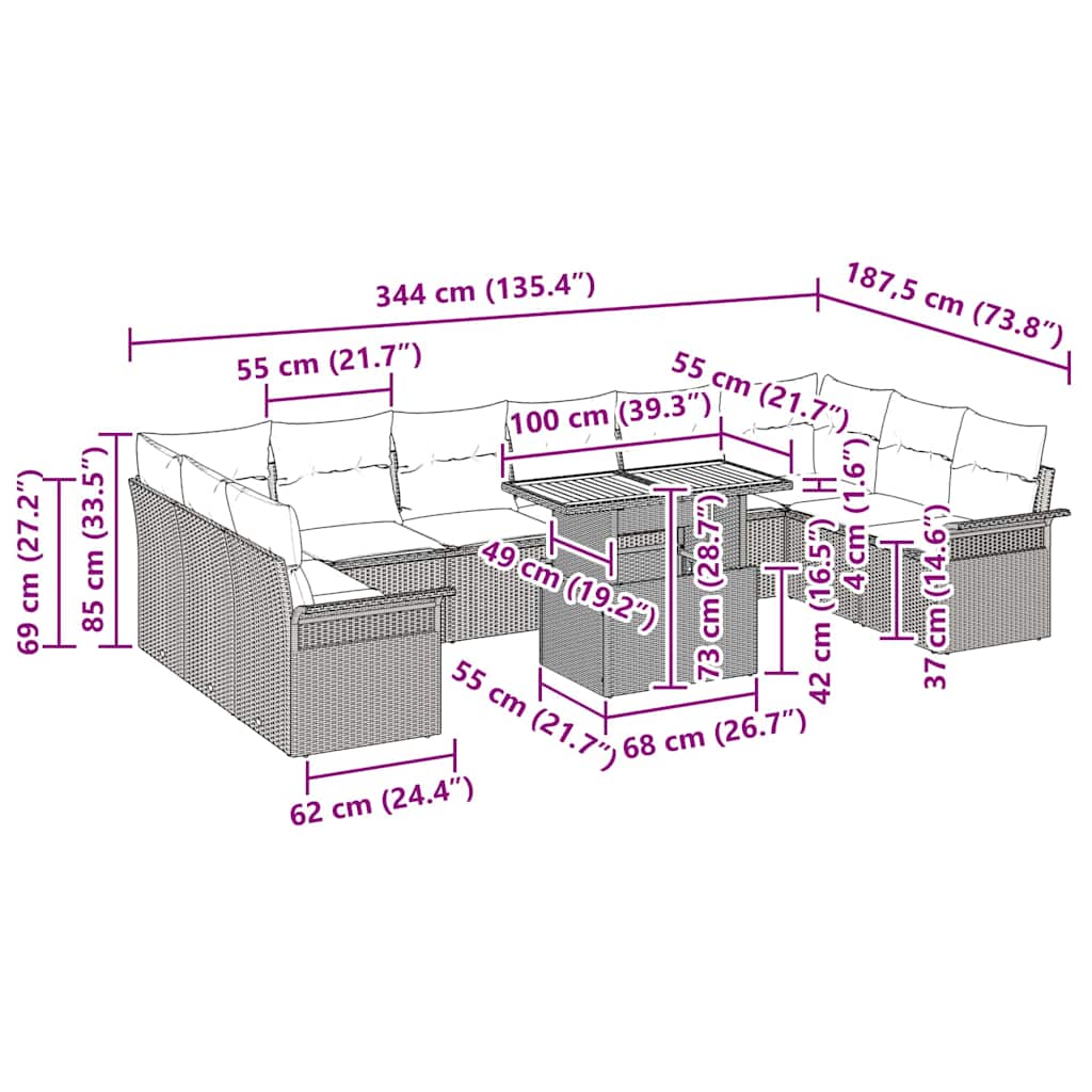 vidaXL Tuinbank Set met kussen 11 pcs Zwart en Crème poly rattan