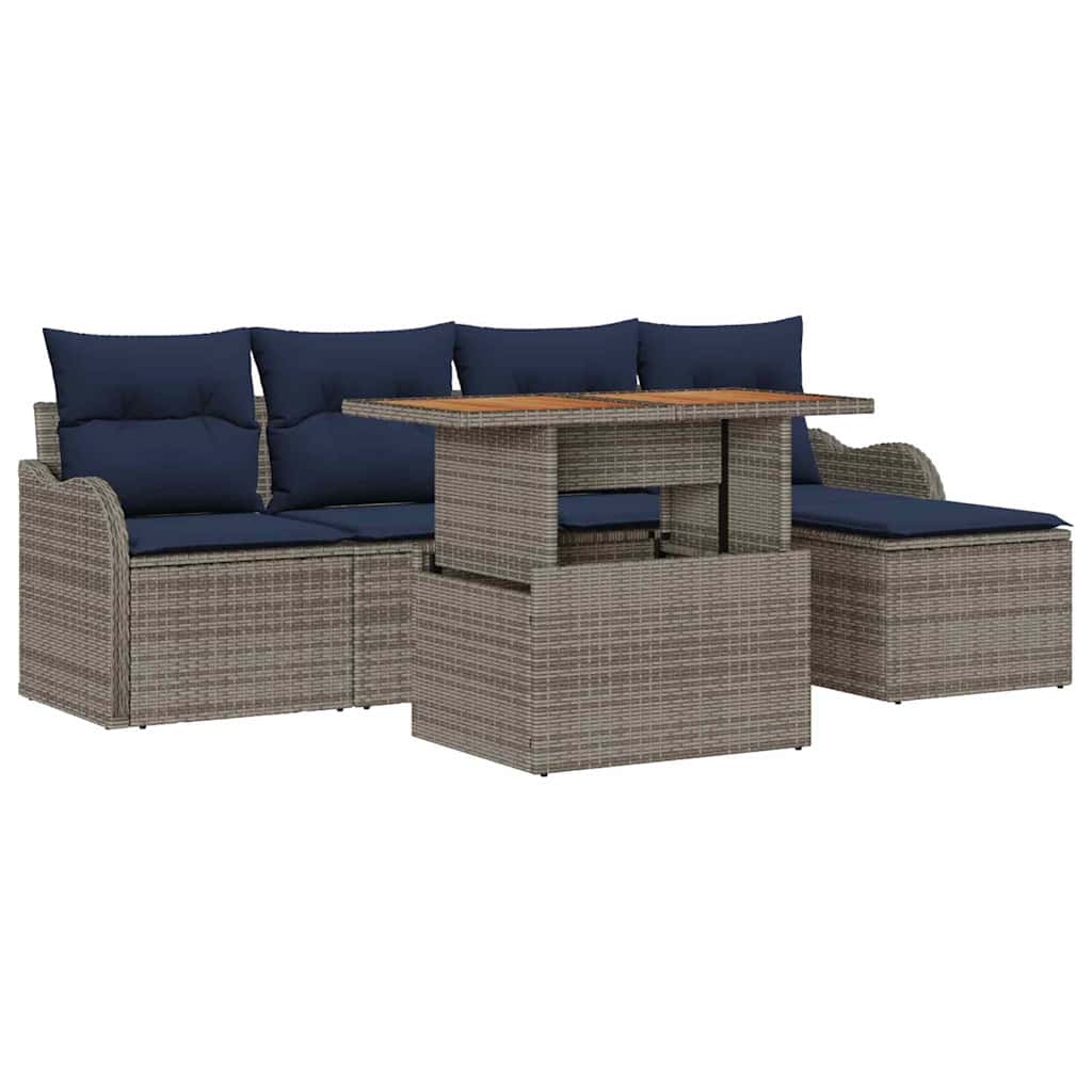 vidaXL Tuinbank Set 6 st Grijs en Marineblauw poly rattan