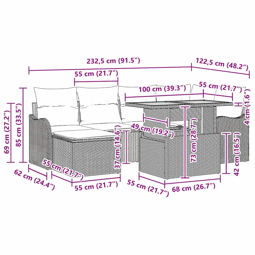 vidaXL Garden Sofa Set with cushions 7 pcs Black and cream