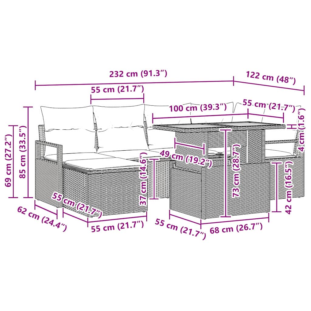 vidaXL Tuin Eettafel Set met kussen 7 pcs Zwart en Crème