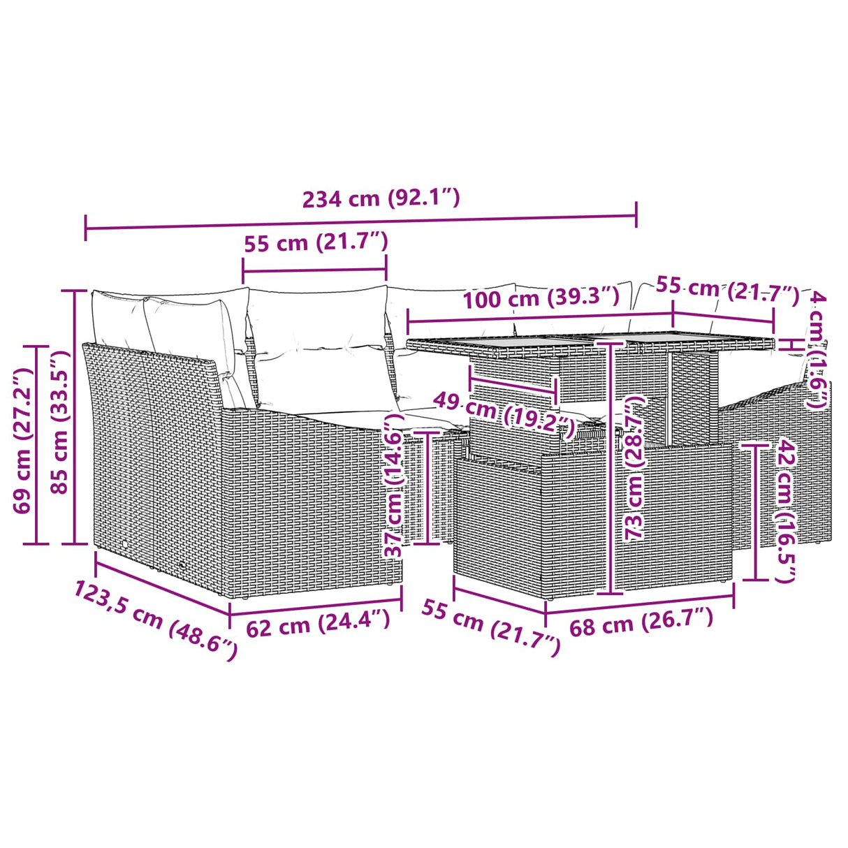 vidaXL Tuin Eettafel Set met kussen 7 pcs Zwart en Blauwgroen
