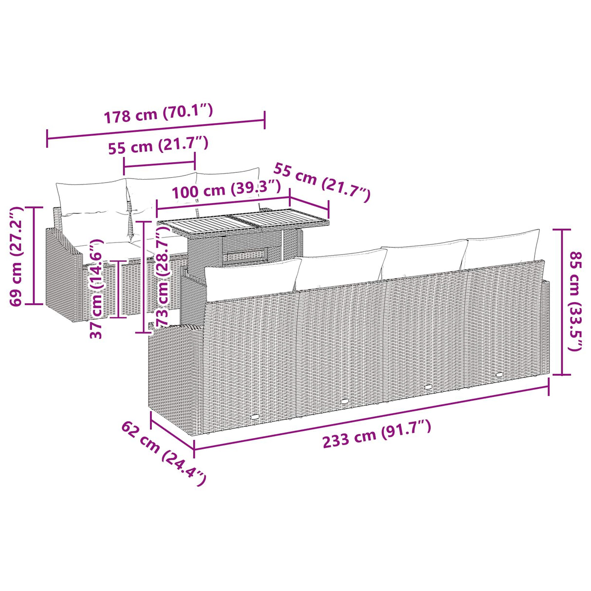 vidaXL Tuin Eettafel Set met kussen 8 pcs Zwart en Blauwgroen