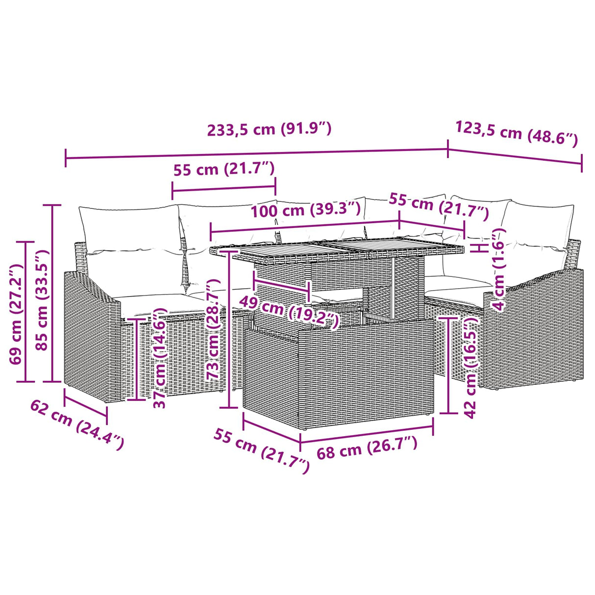 vidaXL Tuin Eettafel Set met kussen 6 pcs Zwart en Blauwgroen