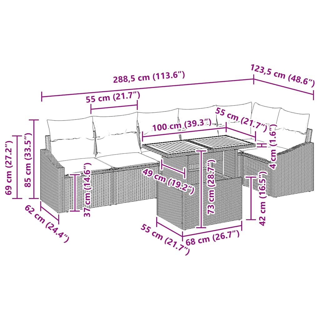 vidaXL Tuin Eettafel Set met kussen 7 pcs Zwart en Crème