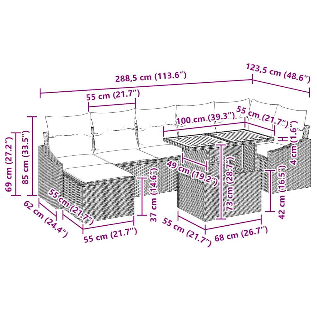 vidaXL Tuin Eettafel Set met kussen 8 pcs Zwart en Crème