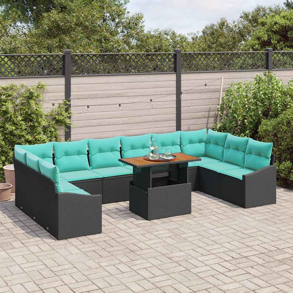 vidaXL Tuin Eettafel Set met kussen 11 pcs Zwart en Blauwgroen