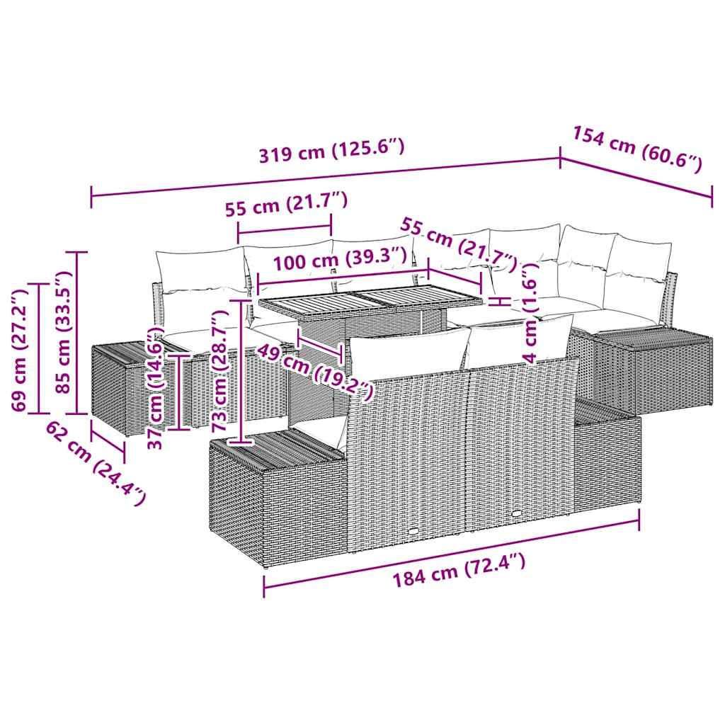 vidaXL Tuin Eettafel Set met kussen 9 pcs Zwart en Crème
