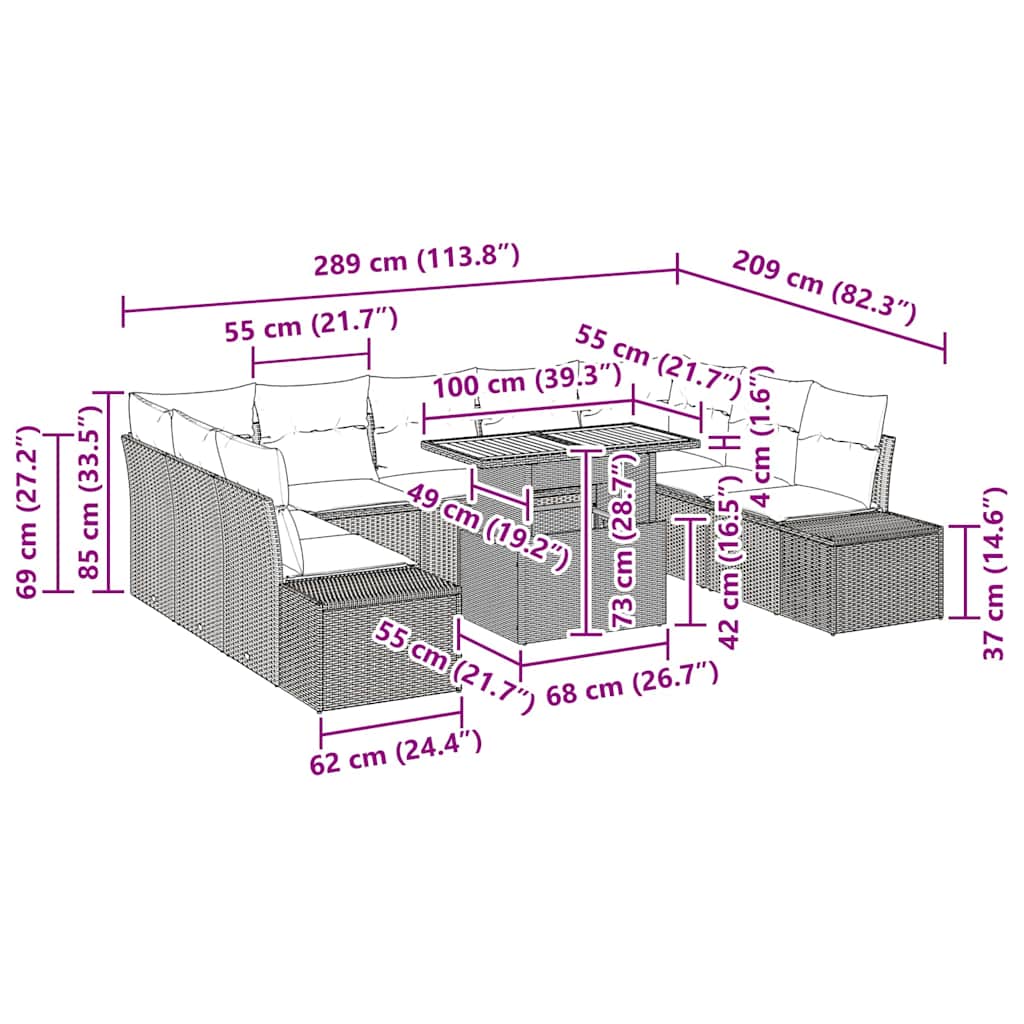 vidaXL Tuin Eettafel Set met kussen 10 pcs Zwart en Crème