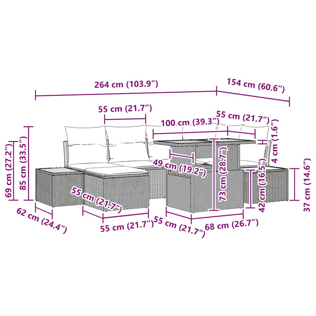 vidaXL Tuin Eettafel Set met kussen 7 pcs Zwart en Beige