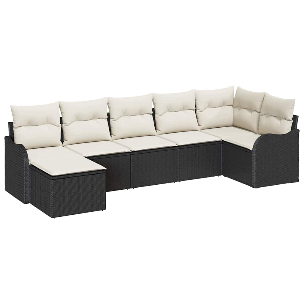 vidaXL Tuinbank Set met kussen 7 pcs Zwart en wit Poly rattan