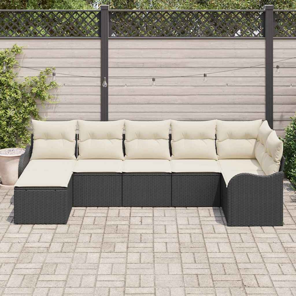 vidaXL Tuinbank Set met kussen 7 pcs Zwart en wit Poly rattan