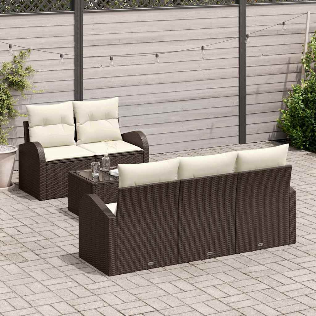 vidaXL Tuinbank Set 6 pcs Zwart en Crème Poly rattan, staal en glas