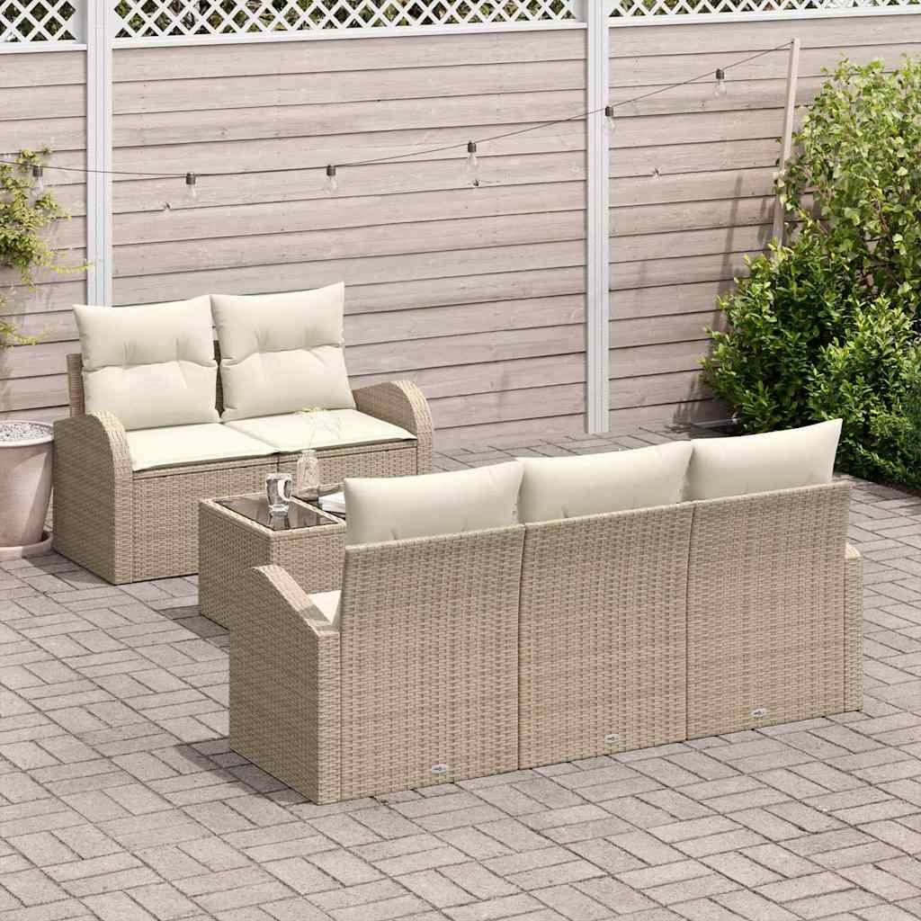vidaXL Tuinbank Set 6 pcs Zwart en Crème Poly rattan, staal en glas