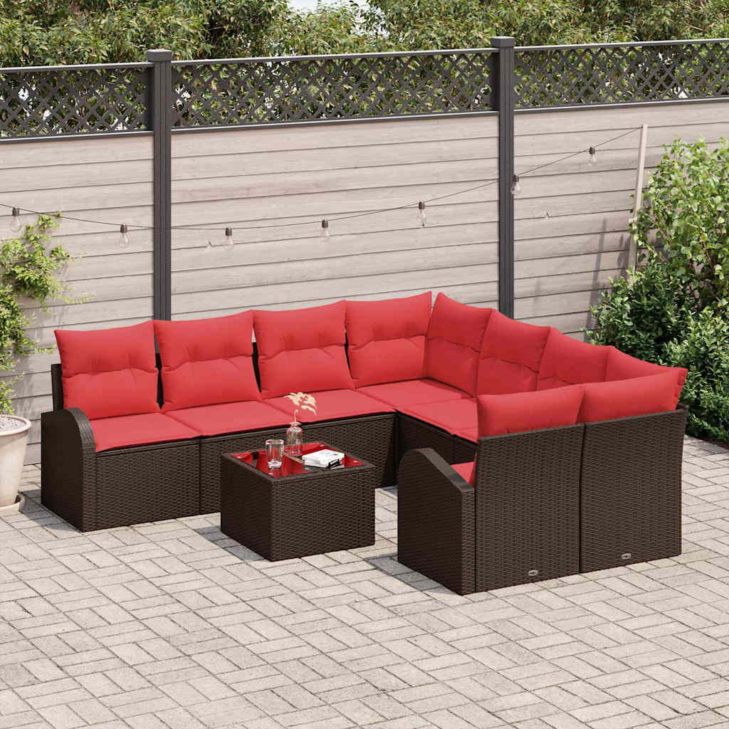 vidaXL Bankstel met kussen met opslag 9 pcs Beige en Rood poly rattan