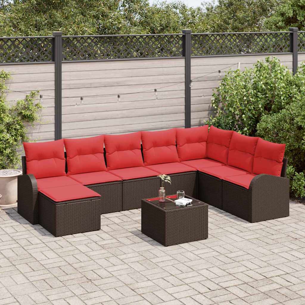 vidaXL Bankstel met kussen met opslag 8 pcs Bruin en Rood poly rattan