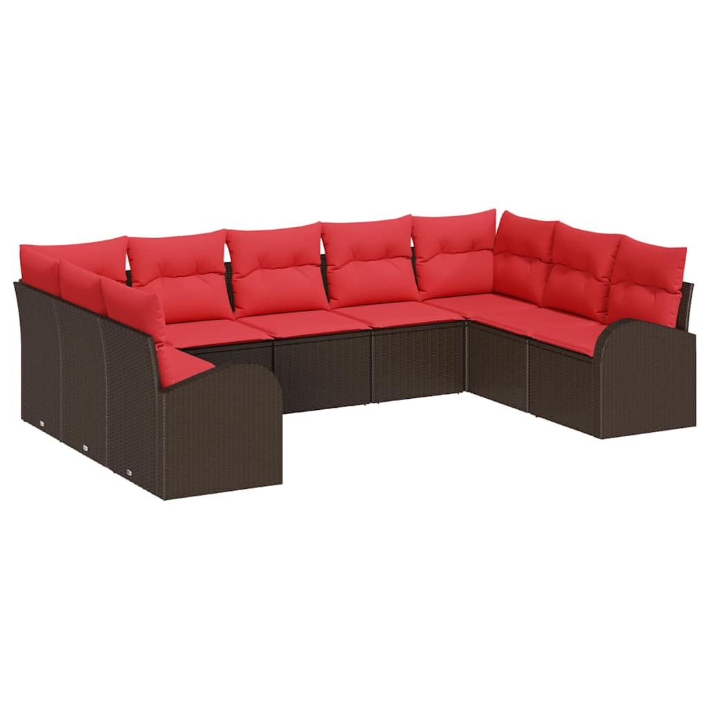 vidaXL Tuinbank Set met kussen 9 pcs Bruin en Rood poly rattan