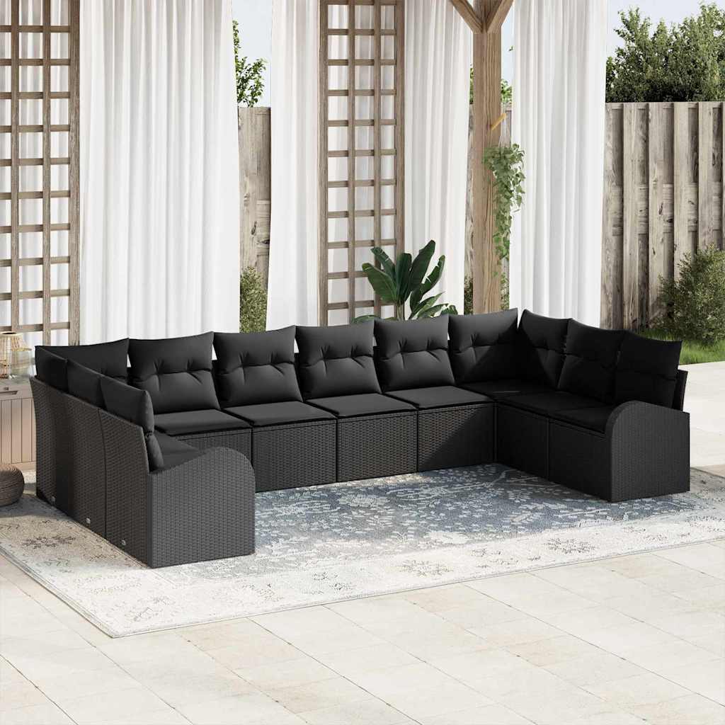 vidaXL Tuinbank Set met kussen 10 pcs Zwart en Wit poly rattan