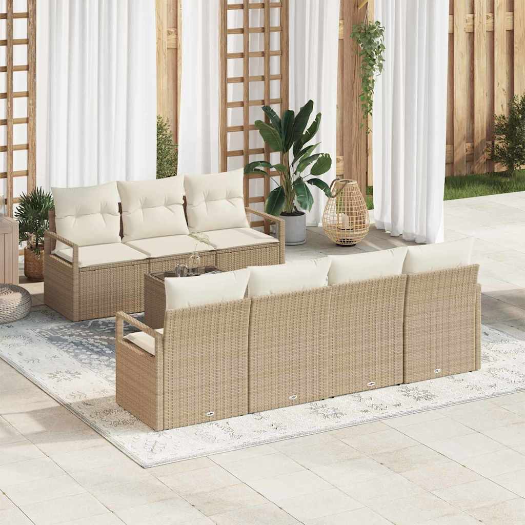 vidaXL Tuinbank Set 8 pcs Zwart en Crème Poly rattan, staal en glas