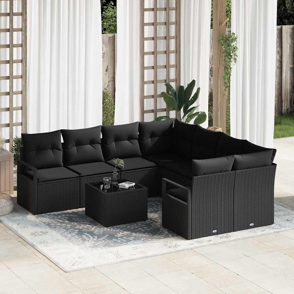 vidaXL Sofa Set with Cushions and Storage 9-piece Black and Cream Poly Rattan
