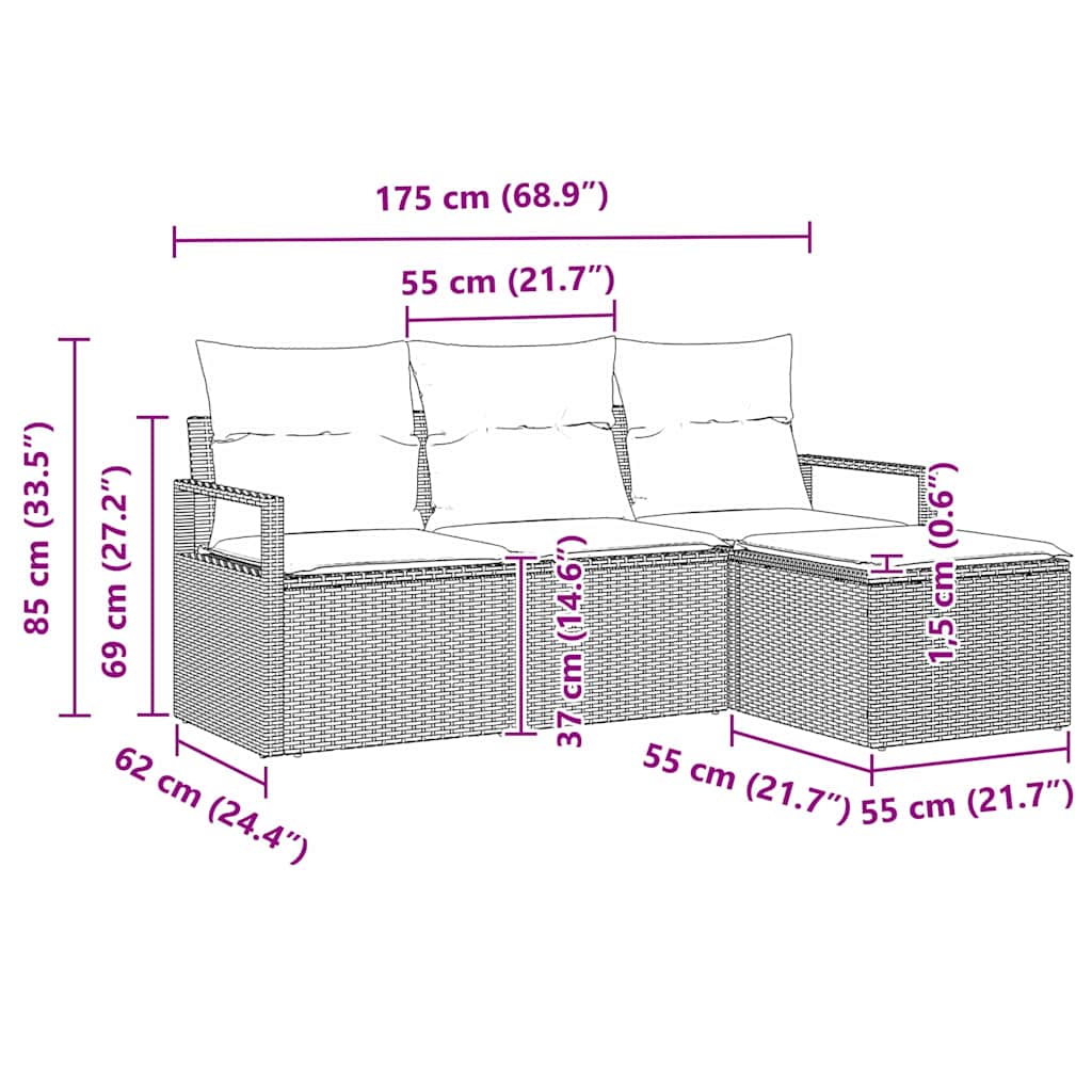 vidaXL Bankstel met kussen met opslag 4 pcs Zwart en Crème poly rattan