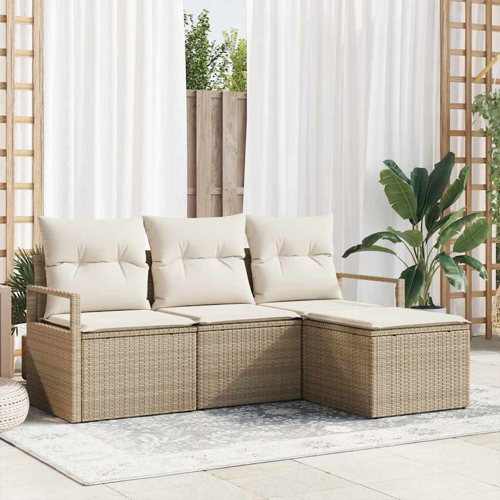 vidaXL Bankstel met kussen met opslag 4 pcs Zwart en Crème poly rattan
