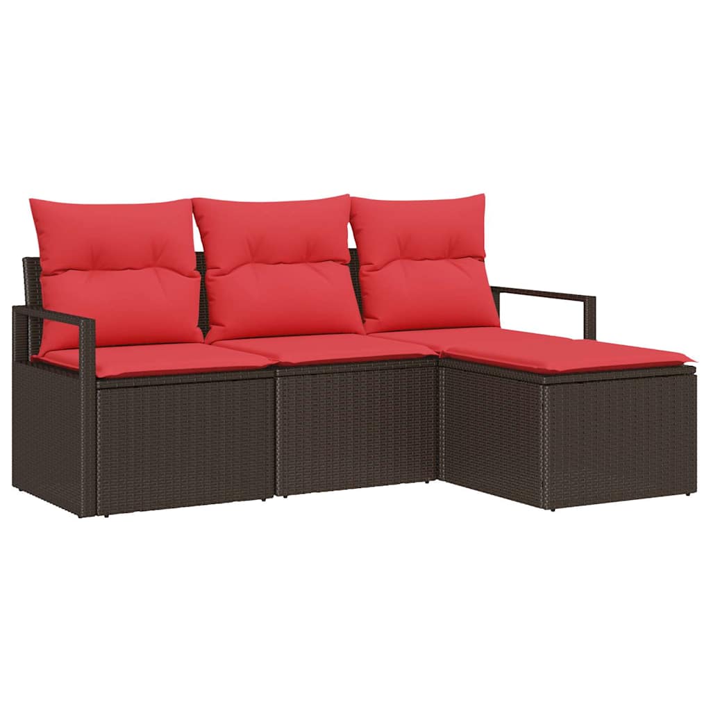 vidaXL Bankstel met kussen met opslag 4 pcs Bruin en Rood poly rattan