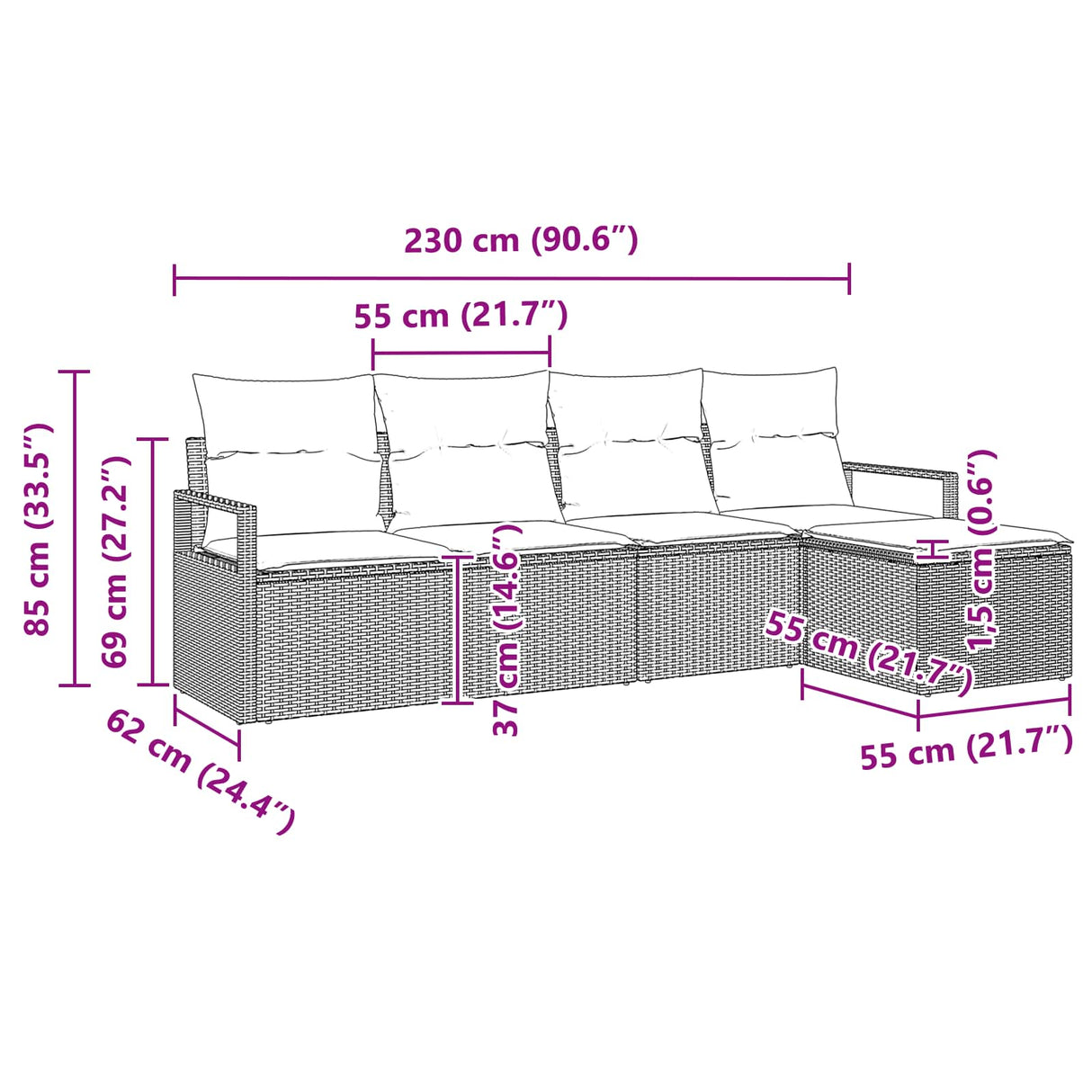 vidaXL Bankstel met kussen met opslag 5 pcs Bruin en Rood poly rattan