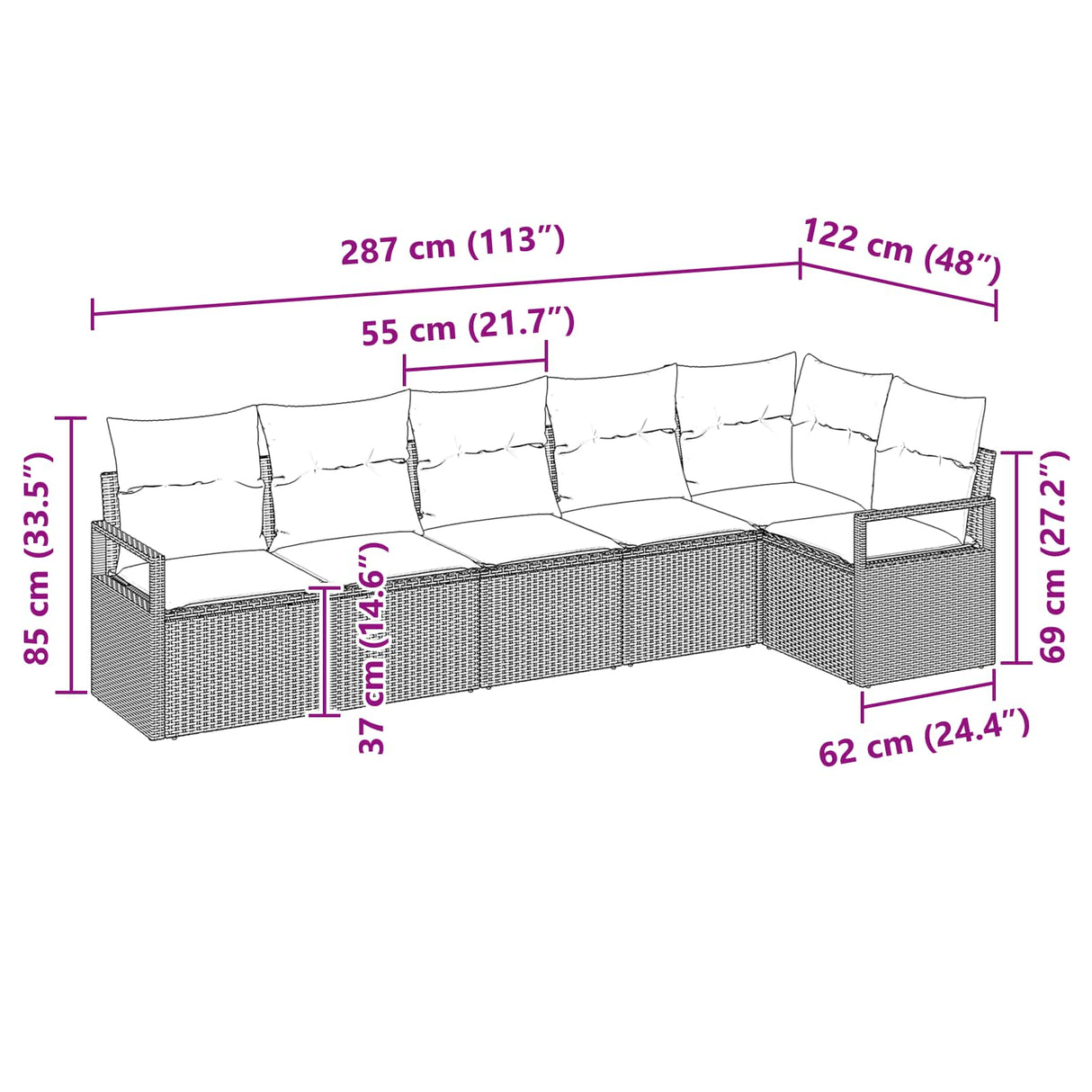 vidaXL Tuinbank Set met kussen 6 pcs Bruin en Rood poly rattan