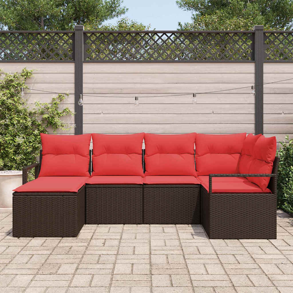 vidaXL Bankstel met kussen met opslag 6 pcs Bruin en Rood poly rattan