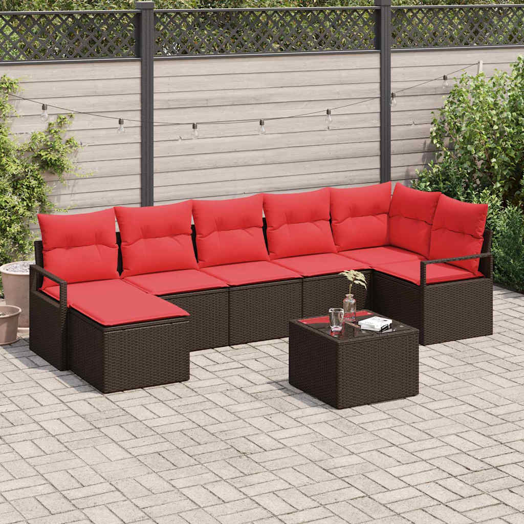 vidaXL Sofa set with cushions with storage 7 pcs Brown and Red poly rattan