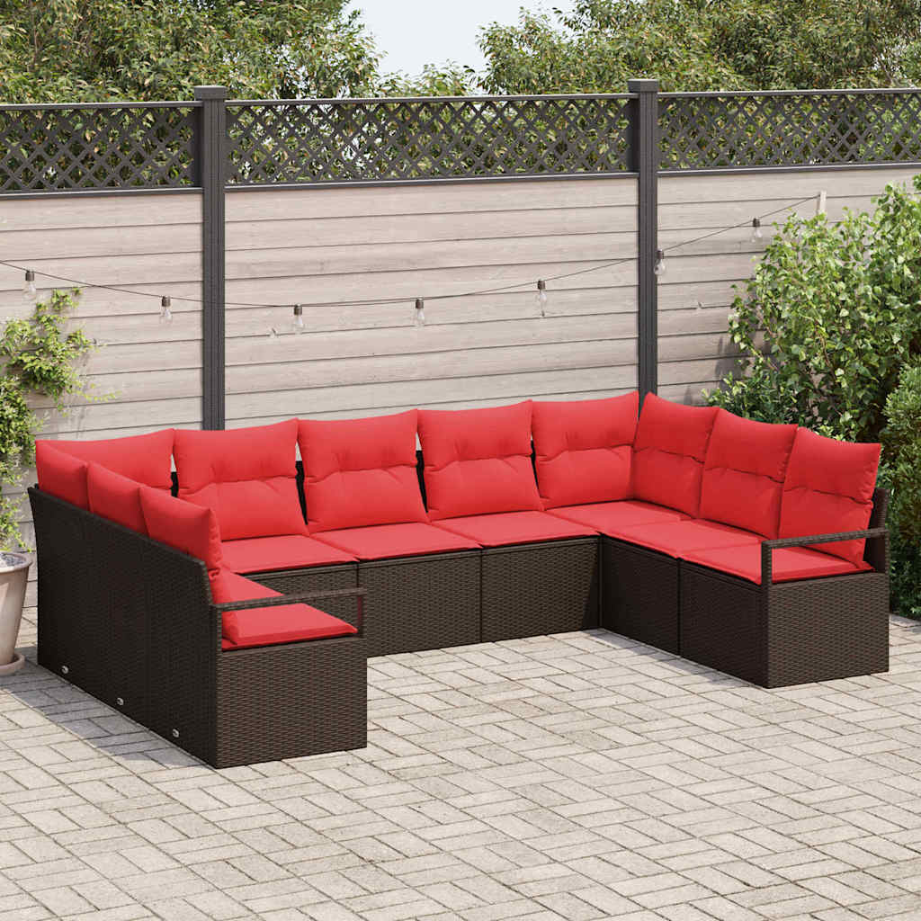 vidaXL Tuinbank Set met kussen 9 pcs Bruin en Rood poly rattan