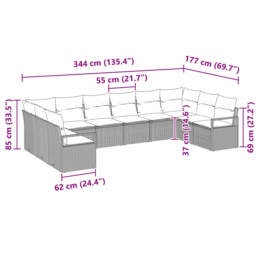 vidaXL Tuinbank Set met kussen 10 pcs Zwart en Wit poly rattan