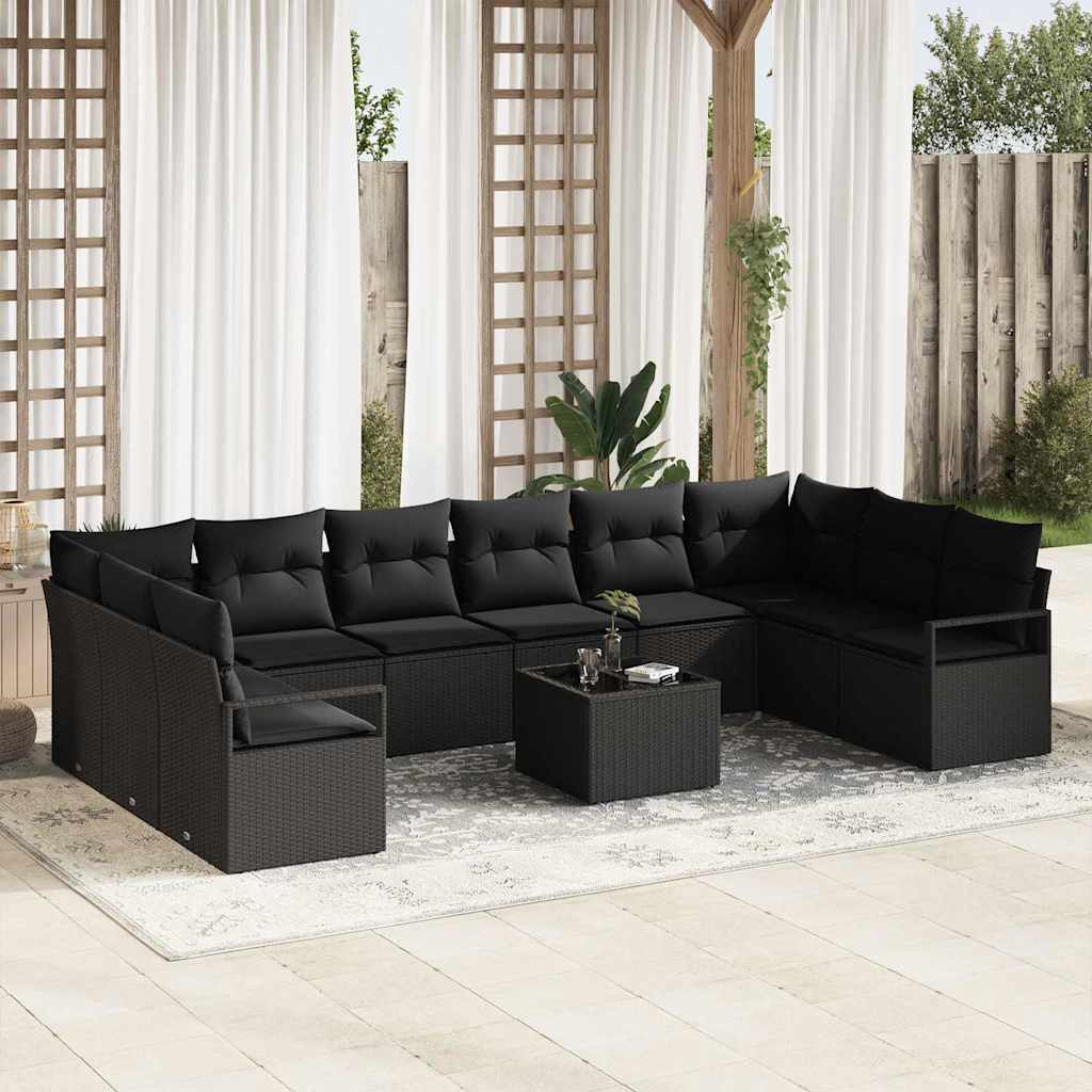 vidaXL Tuinbank Set met kussen 10 pcs Zwart en Wit poly rattan