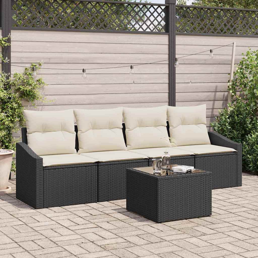 vidaXL Bankstel met kussen met opslag 5 pcs Zwart en Crème poly rattan