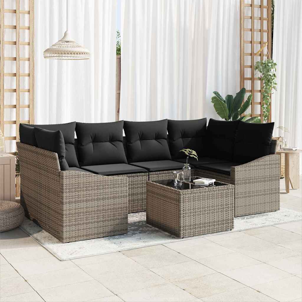 vidaXL Sofa Set with Cushions with Storage 7 pcs Black and Cream Poly Rattan