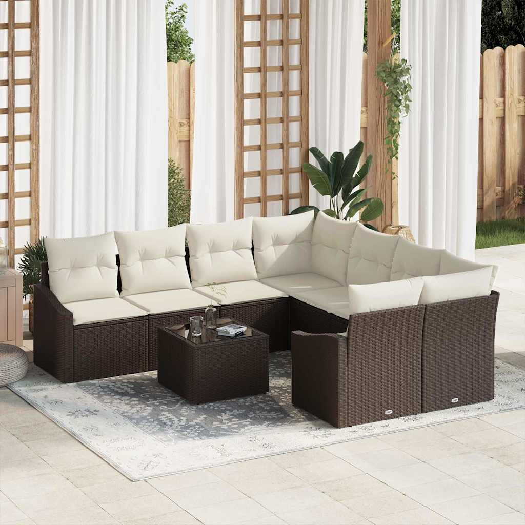 vidaXL Bankstel met kussen met opslag 9 pcs Zwart en Crème poly rattan